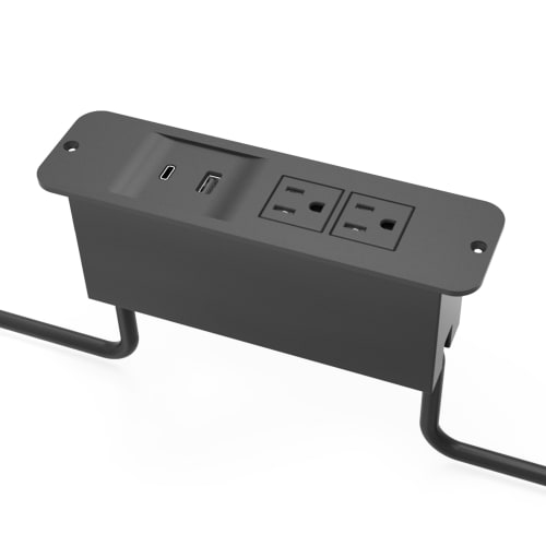 Raffel Integrated Power Station, 2 AC Outlets, 1 USB-A and 1 USB-C PD Charging Port, Daisy Chain, Black